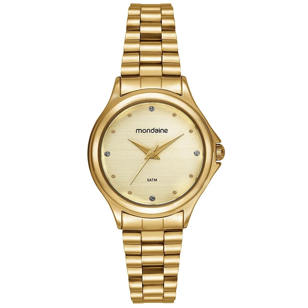 Kit Relógio Mondaine Feminino Dourado Visor Dourado Champanhe com Cristais Á Prova d'água 99762LPMVDE1