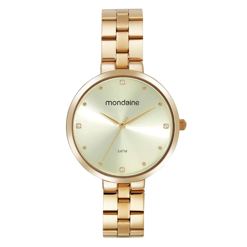 Kit Relógio Mondaine Feminino Dourado Minimalista Visor Champanhe com Cristais Á Prova d'água 32672LPMVDE1