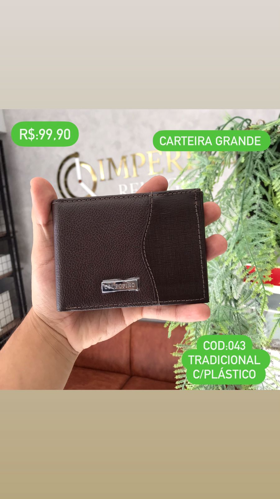 Carteira Masculina couro fino Cacau Tradicional Grande Com Plástico - 043