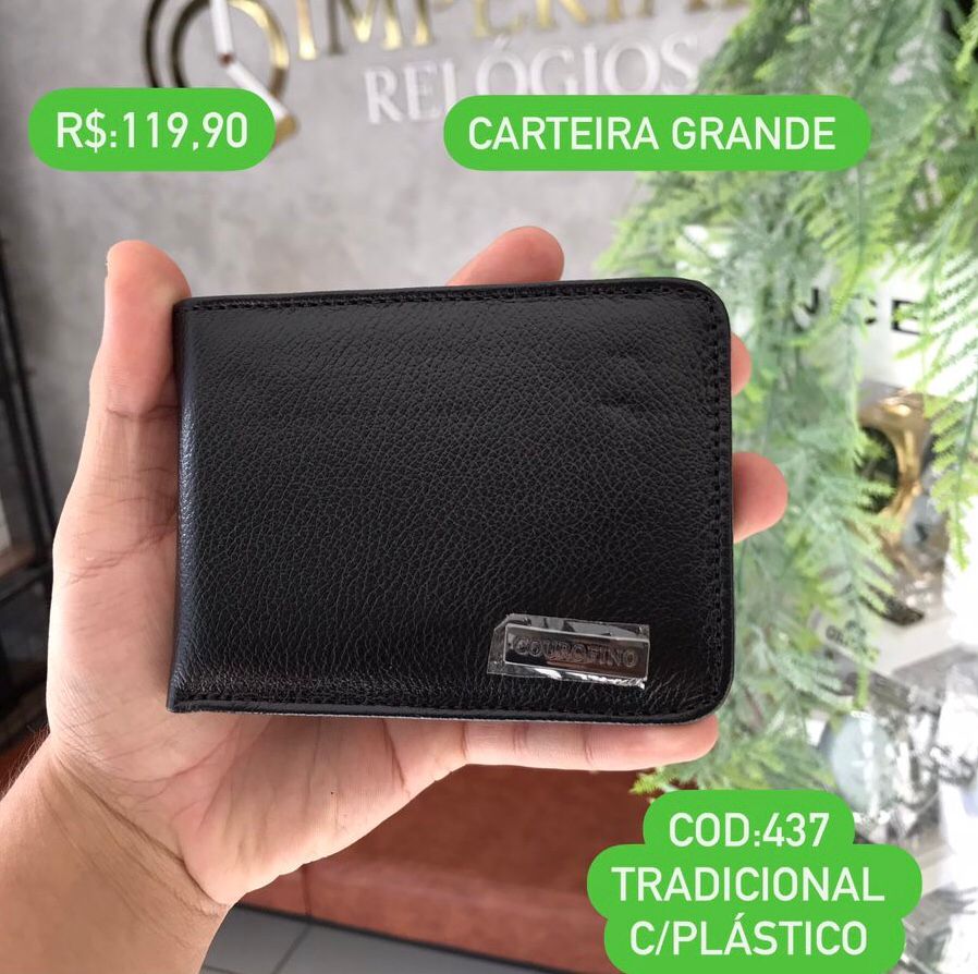 Carteira Couro Fino Masculina  Preta Tradicional Grande com Plástico 437