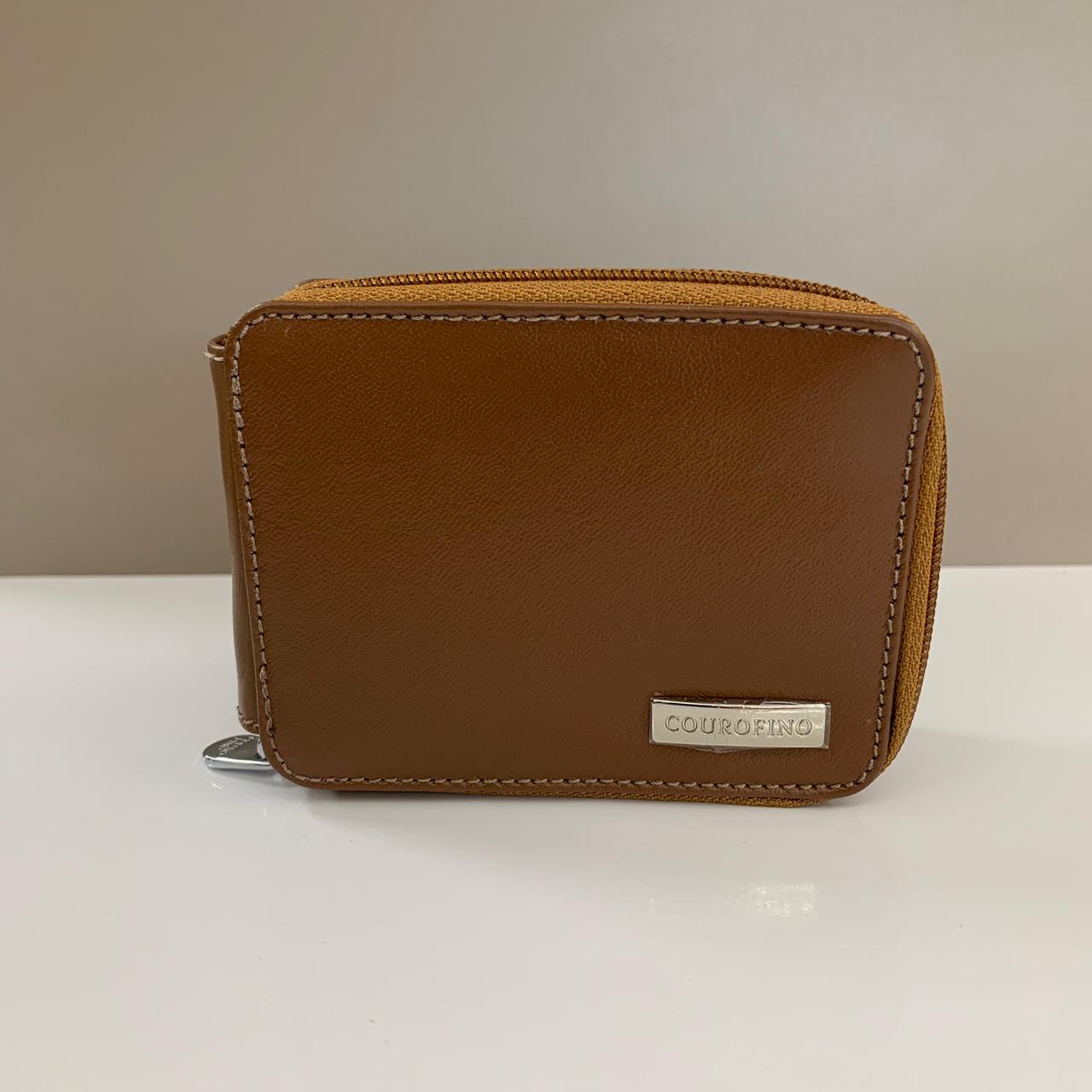 Carteira Couro Fino Masculina com Zíper Castor Pequena possui Plástico e Porta Moedas 421