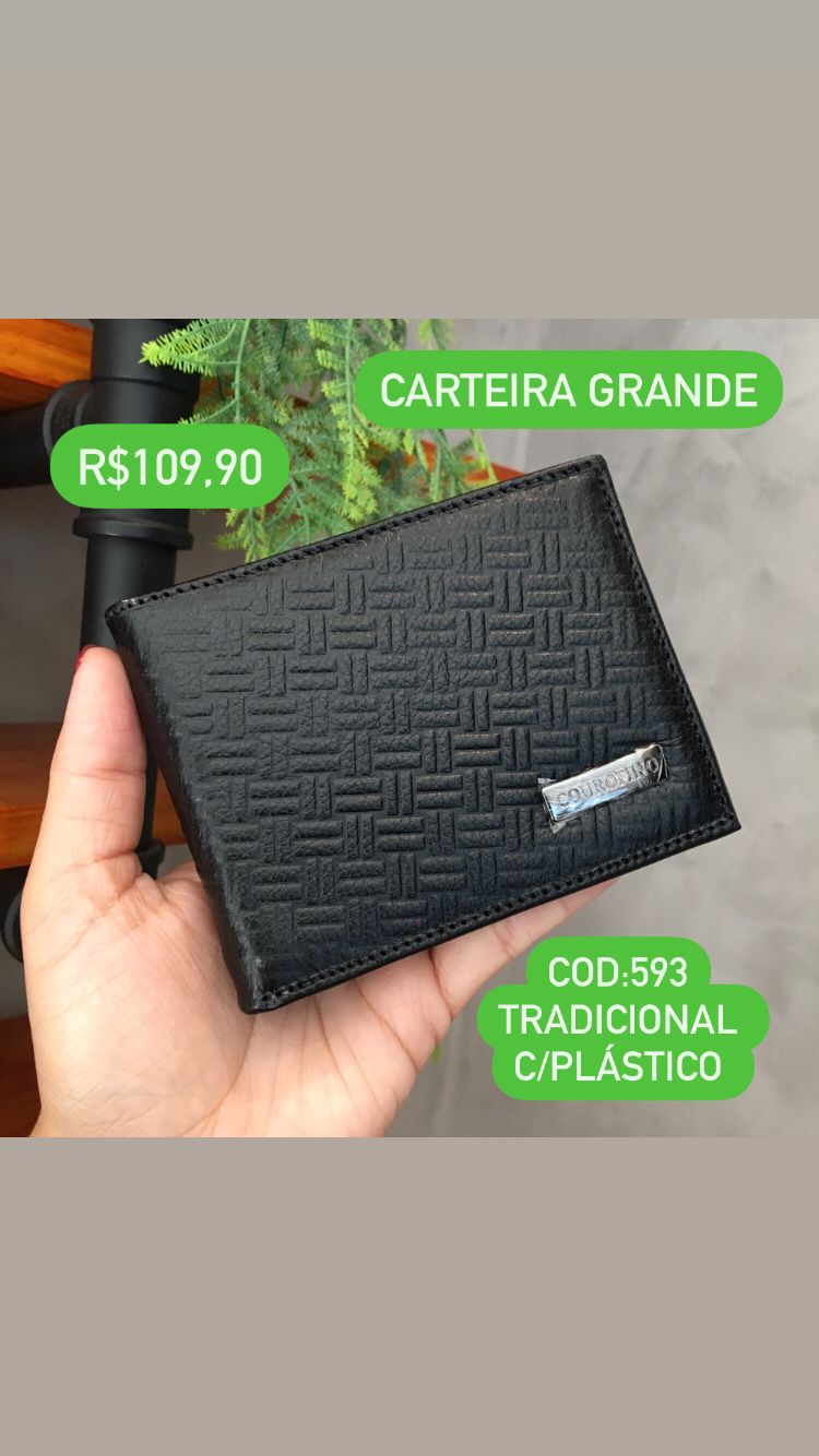 Carteira Masculina Detalhada Grande Tradicional Couro Fino Preta Com Plástico 593