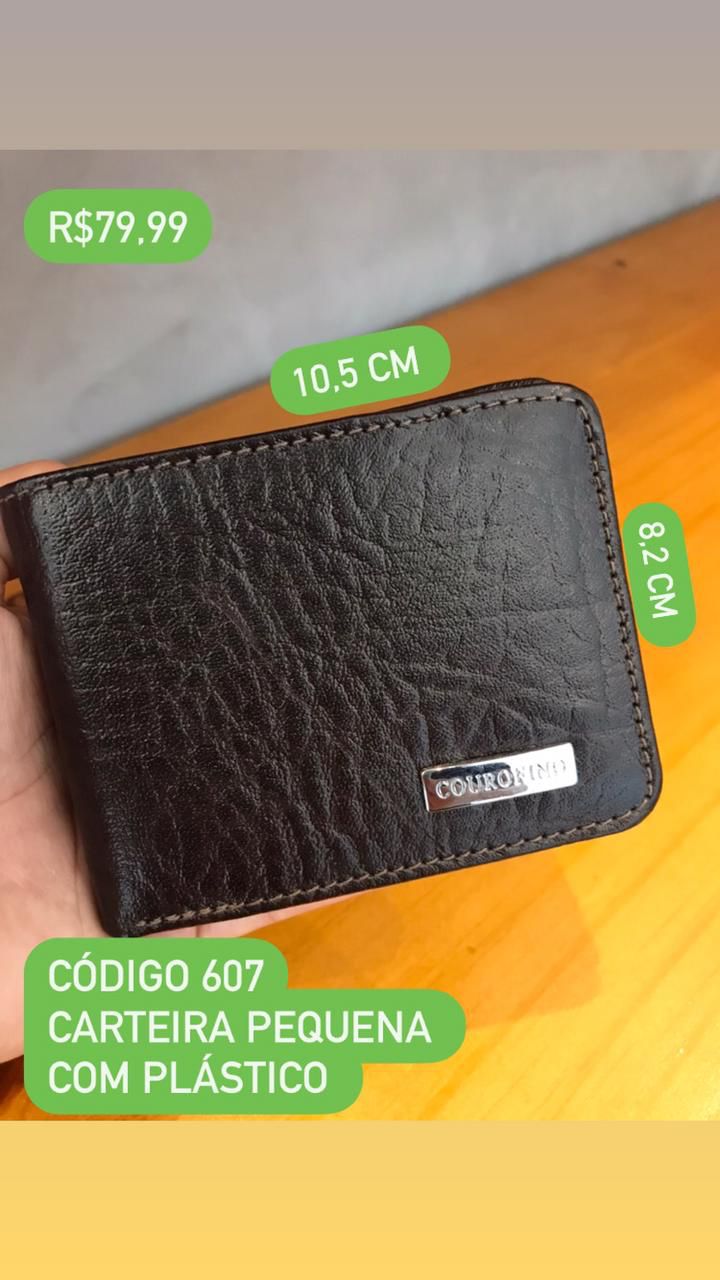 Carteira Masculina Couro Fino Pequena Com Plástico Marrom 607