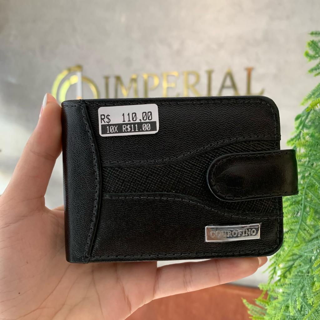 Carteira Masculina Couro Fino Preta de Botão Grande com Plástico e Porta Moedas 510