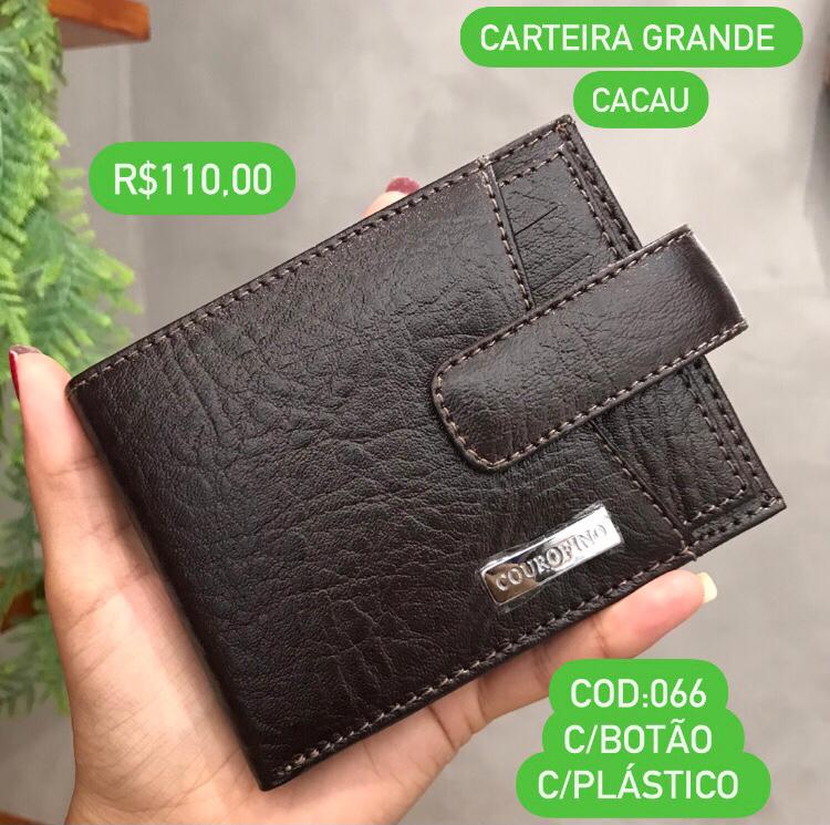 Carteira Masculina Couro Fino Cacau Grande De Botão Com Plástico e Porta Cartão Removível 066