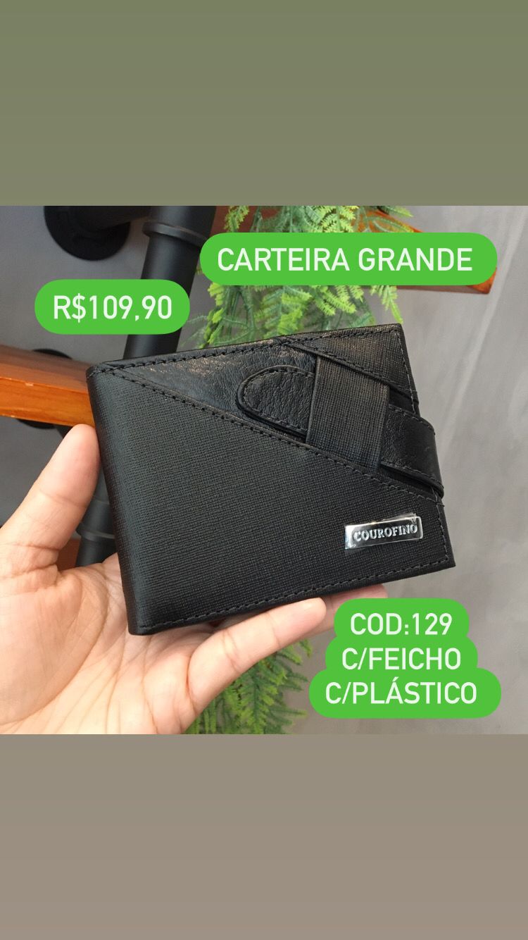 Carteira Masculina Couro Fino Preta Grande com Feicho e Plástico 129-