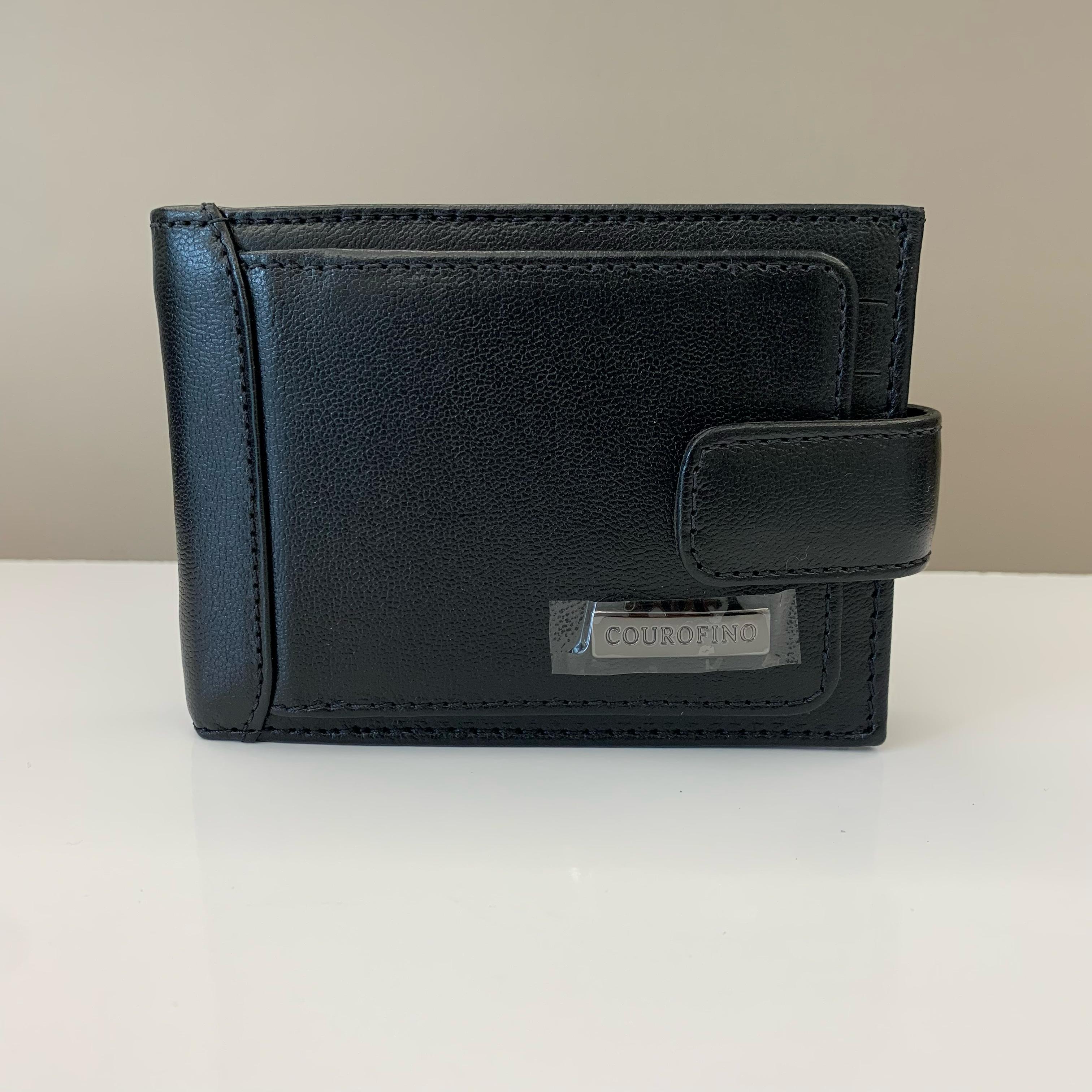 Carteira Couro Fino Masculina com Botão Grande Preta com Plástico e Porta Moedas  334