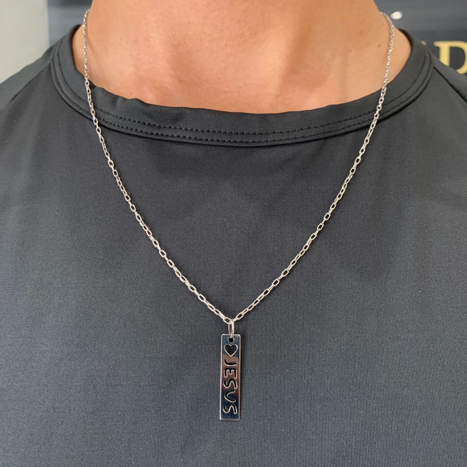 Colar Masculino Prateado Aço 316L Placa Feelings Jesus Elos Ovais 60cm 2757060