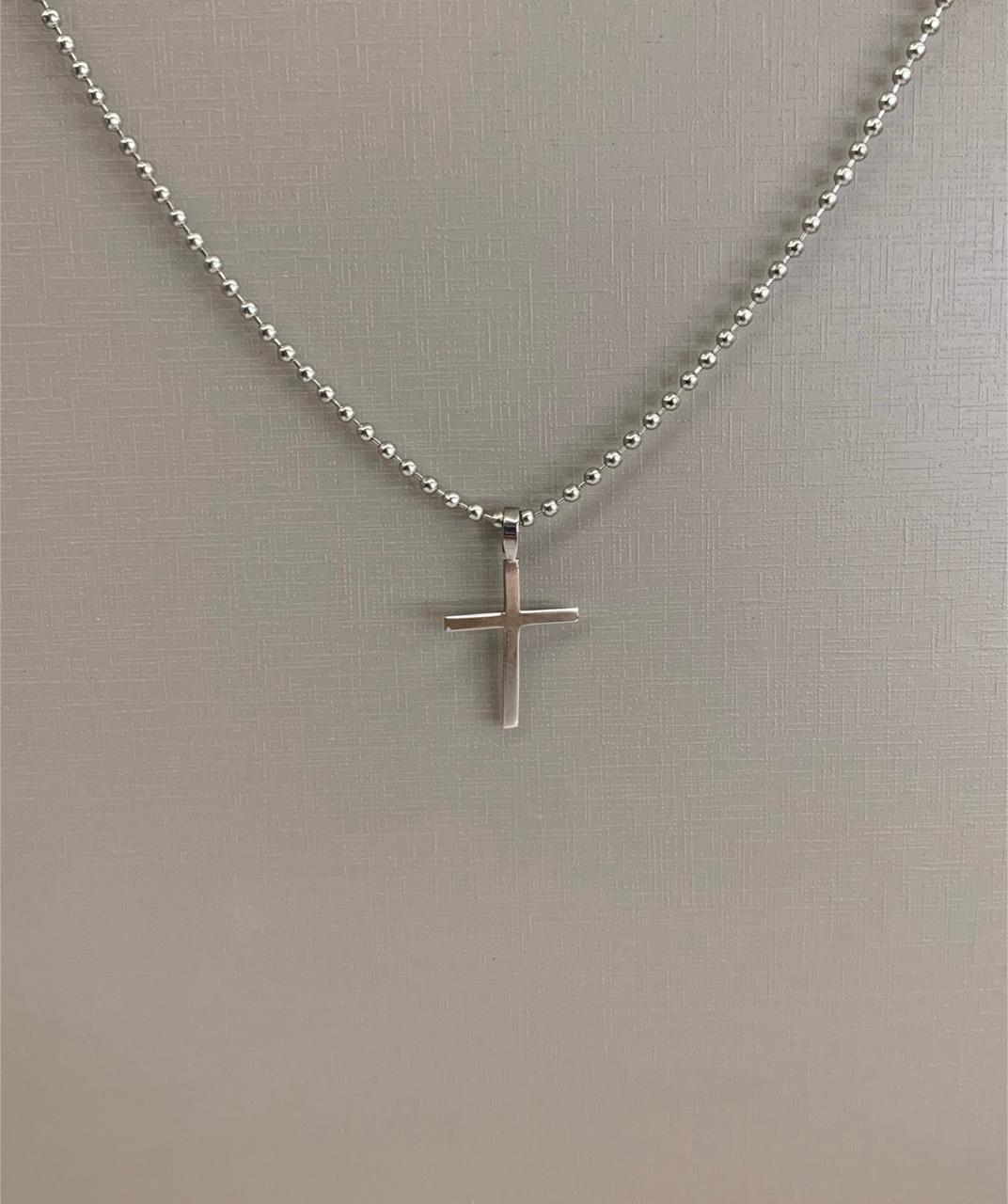 Colar Masculino Prateado em Aço 316L corrente em Bola Bola e pingente de Cruz 60cm 1.90mm 2833760