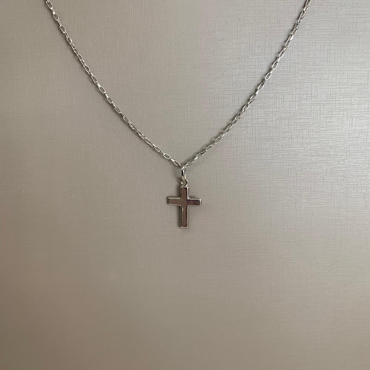 Colar Masculino Prateado em Aço 316L Corrente em Elos Ovais 1.70mm Pingente de Cruz 60cm 2757060