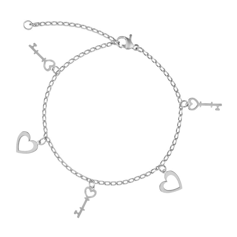 Pulseira Aço Prateada GLAM Groumet Coração Vazado e Chave - 2930921