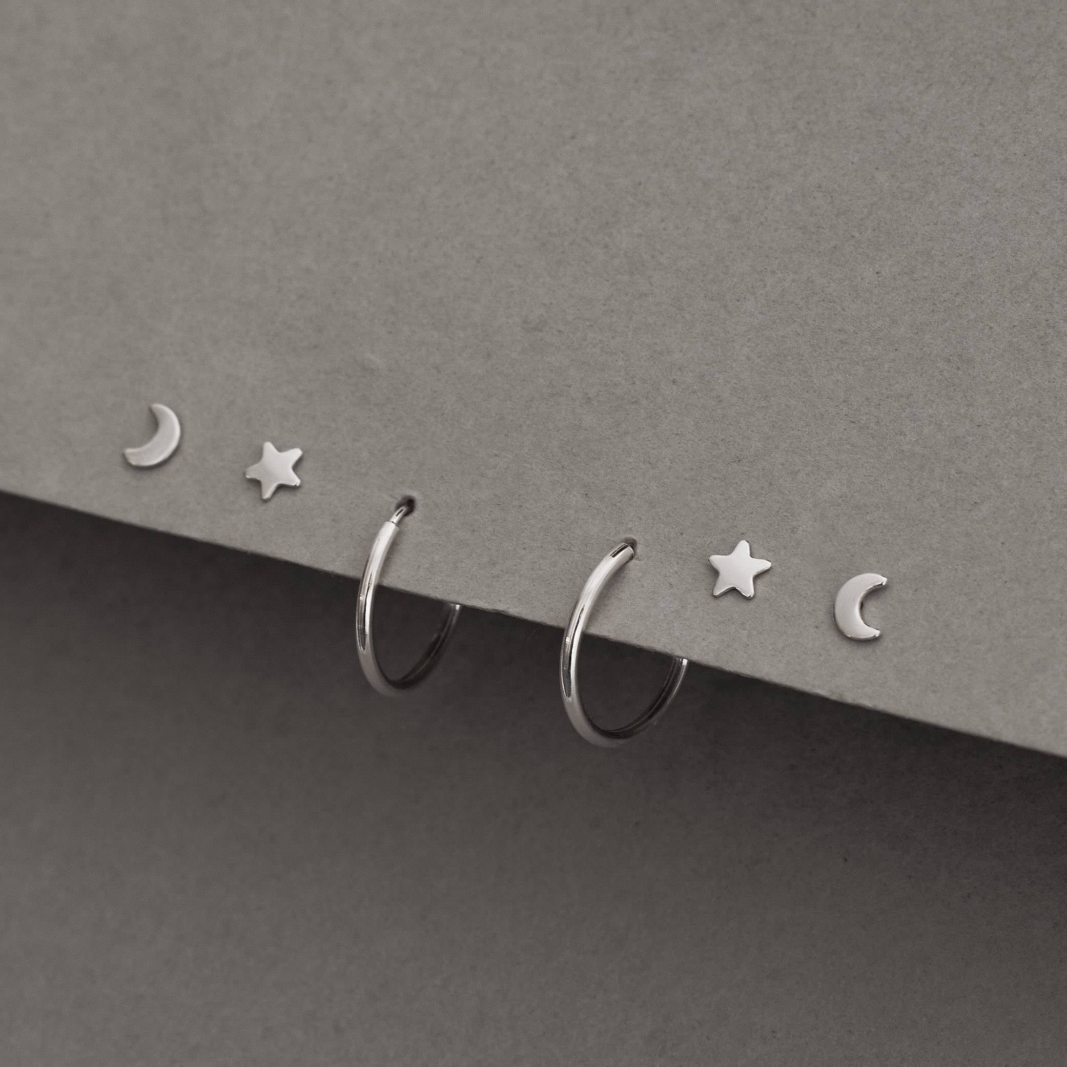 Brinco Prata 925 Feminino Trio Lua, Estrela e Argola TR13