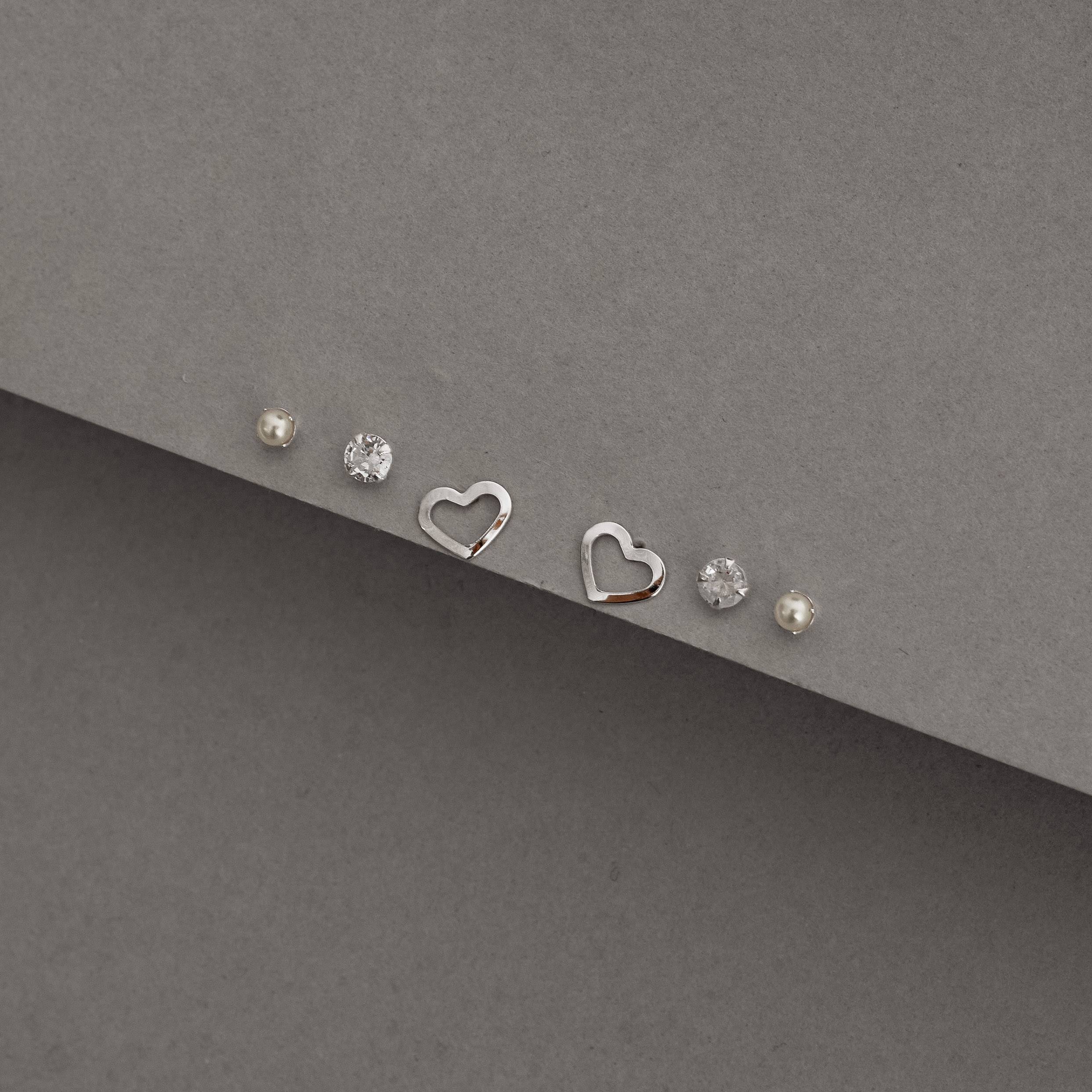 Brinco Prata 925 Feminino Trio Pérola, Zircônia e Coração Vazado TR68