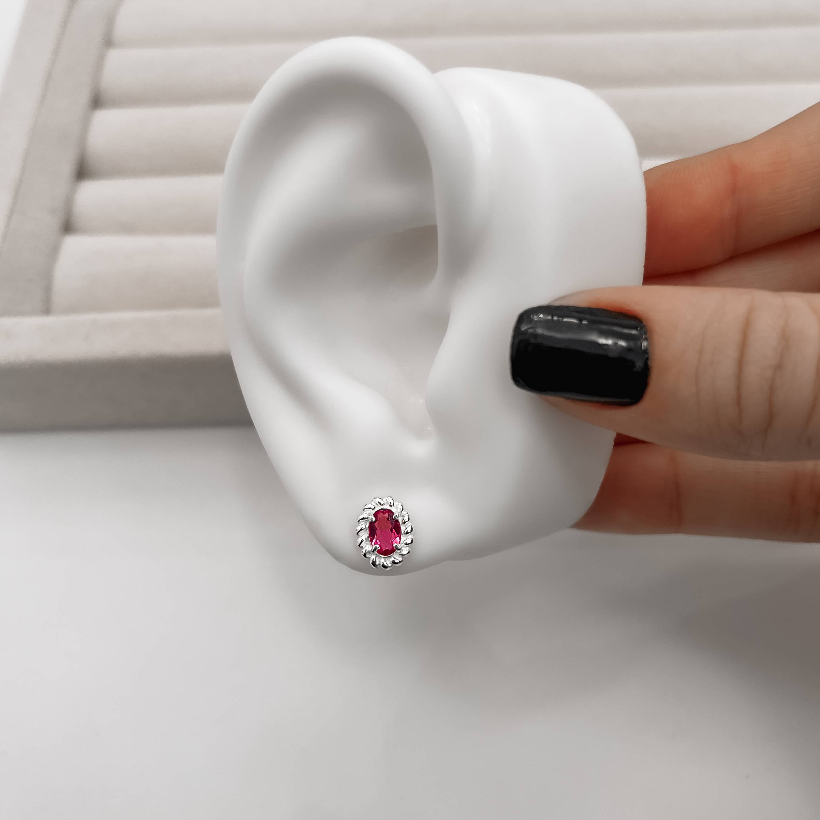 Brinco Prata 925 Feminino Zircônia Oval Cereja Detalhe Torcido 10mm BR3498