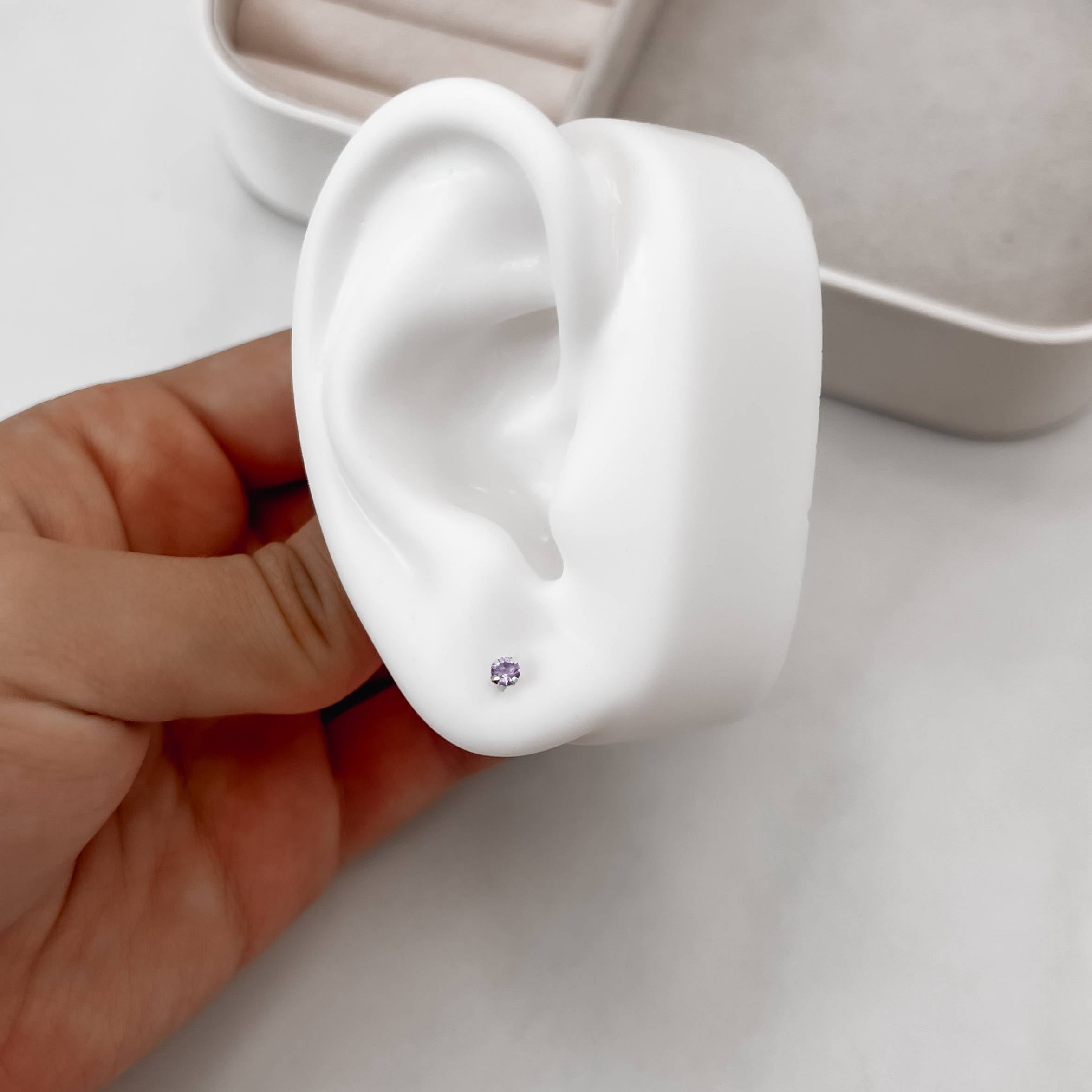 Brinco Prata 925 Feminino Zircônia Redonda Lilás 3mm BR1900