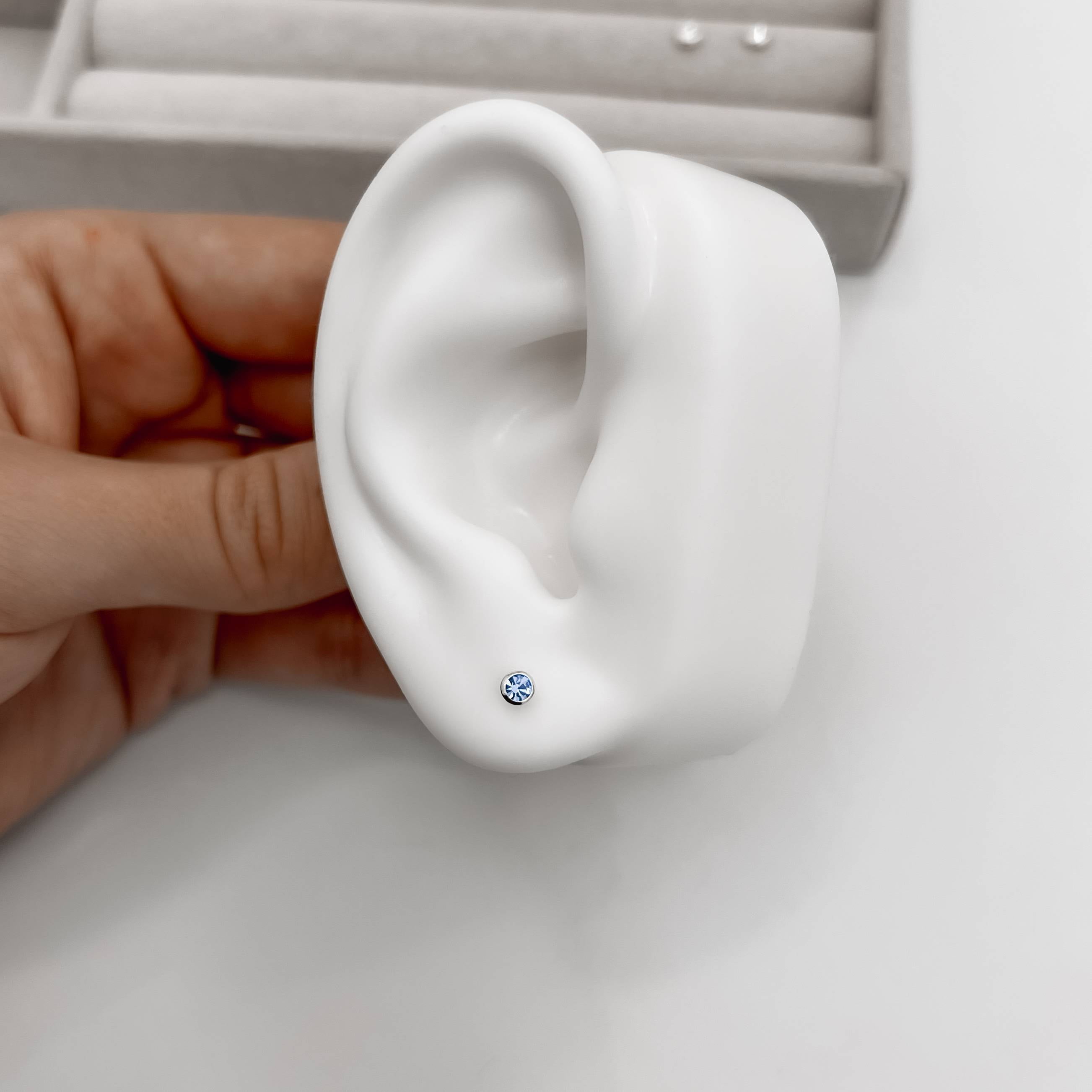 Brinco Prata 925 Infantil Zircônia 3mm Azul Tarraxa Baby BR1347