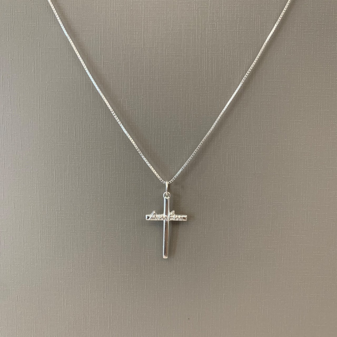 Colar em Prata 925 Masculino Pingente Cruz Escrito Amém 60cm CR471