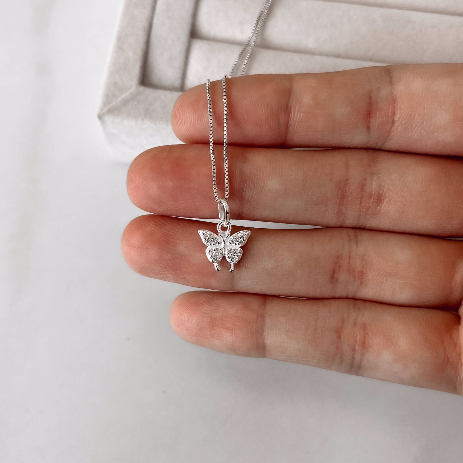Colar Feminino Pingente Borboleta Cravejada 11mm 45cm em Prata 925 CO3390