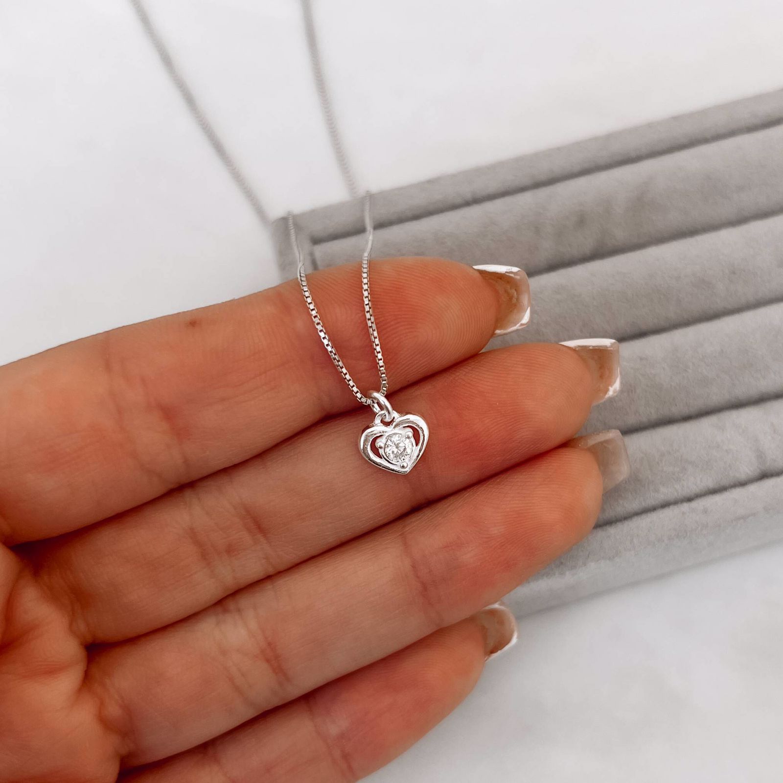 Colar Feminino Pingente Coração com Ponto de Luz 40cm em Prata925 CO2431