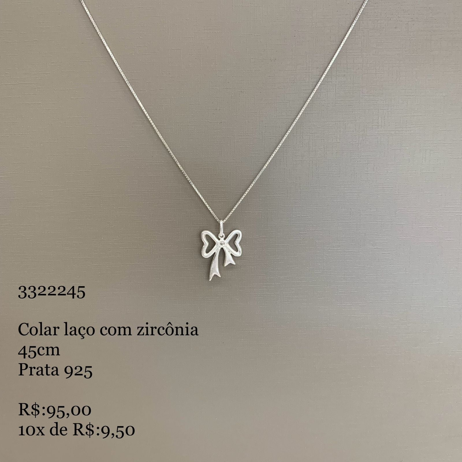 Colar Feminino Pingente Laço Corrente Veneziana 45cm em Prata 925 3322245