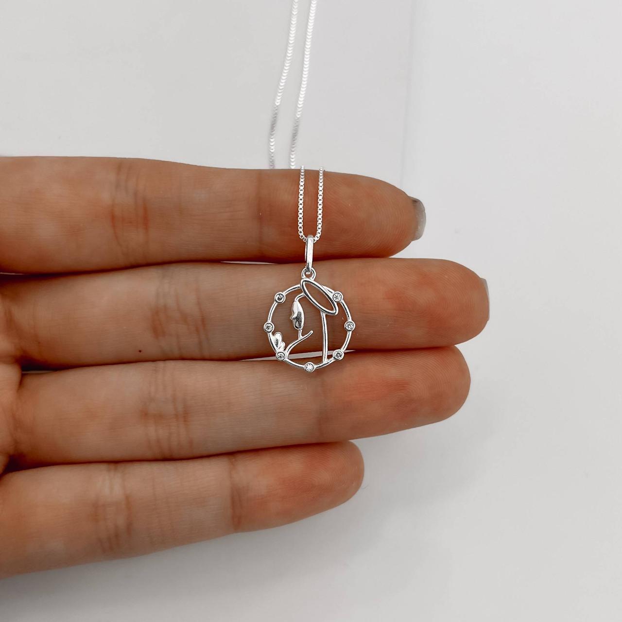 Colar Feminino Pingente Medalha Nsa. Sra. de Fátima com Zircônias 15mm 45cm em Prata 925 CO3444