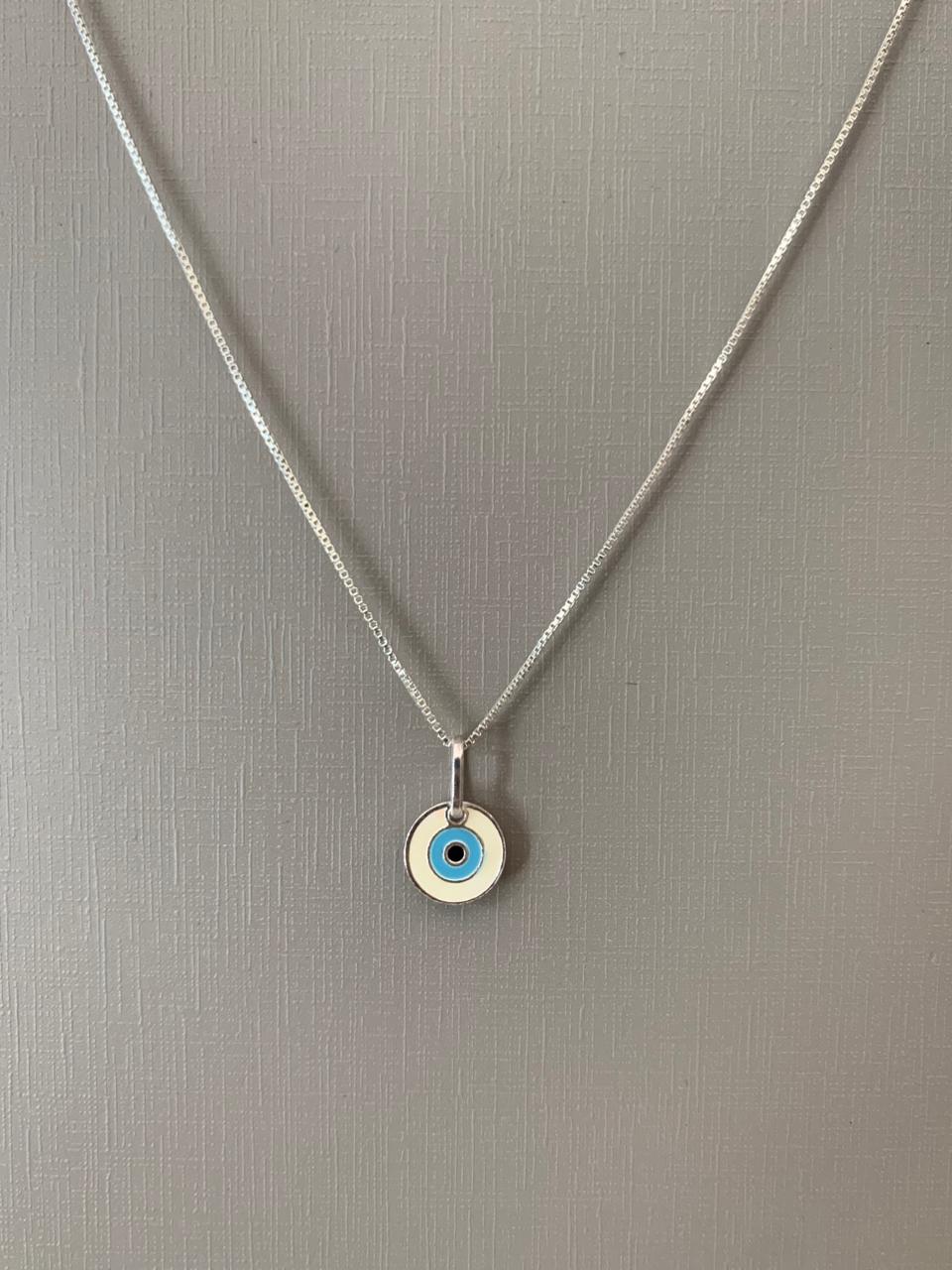Colar Feminino Pingente Medalha Olho Grego Resina 9mm 45CM Prata 925 CO18-