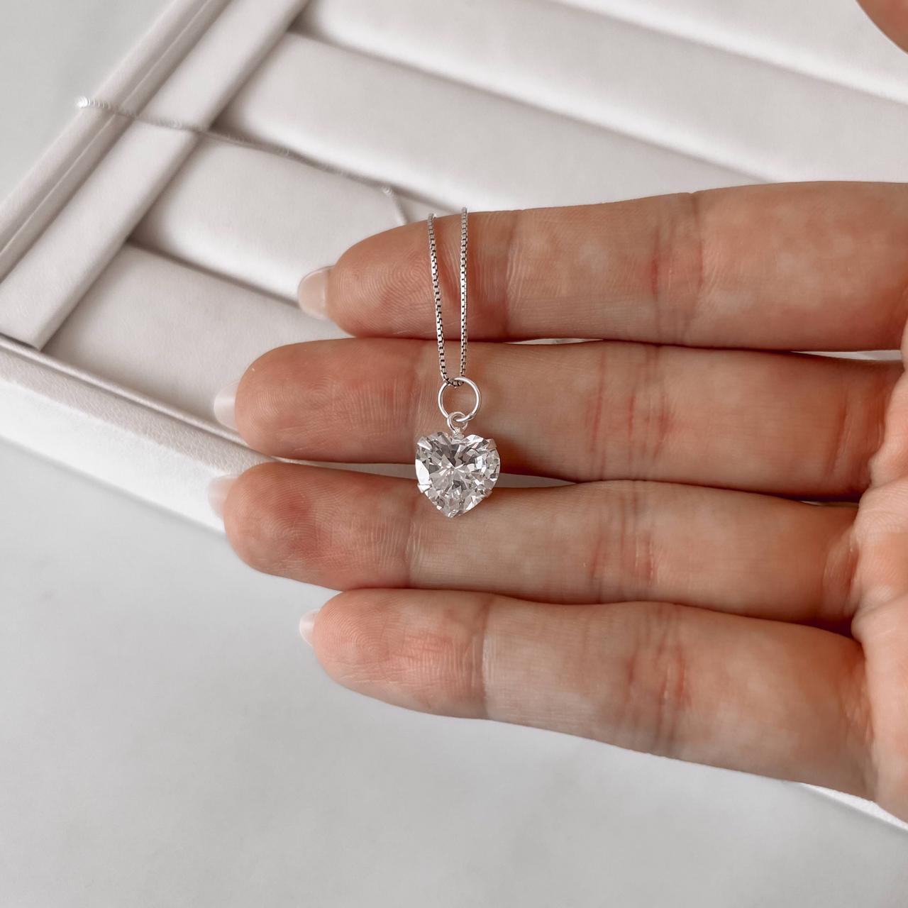 Colar Feminino Pingente Zircônia Coração 10mm 45cm em Prata 925 CO1666