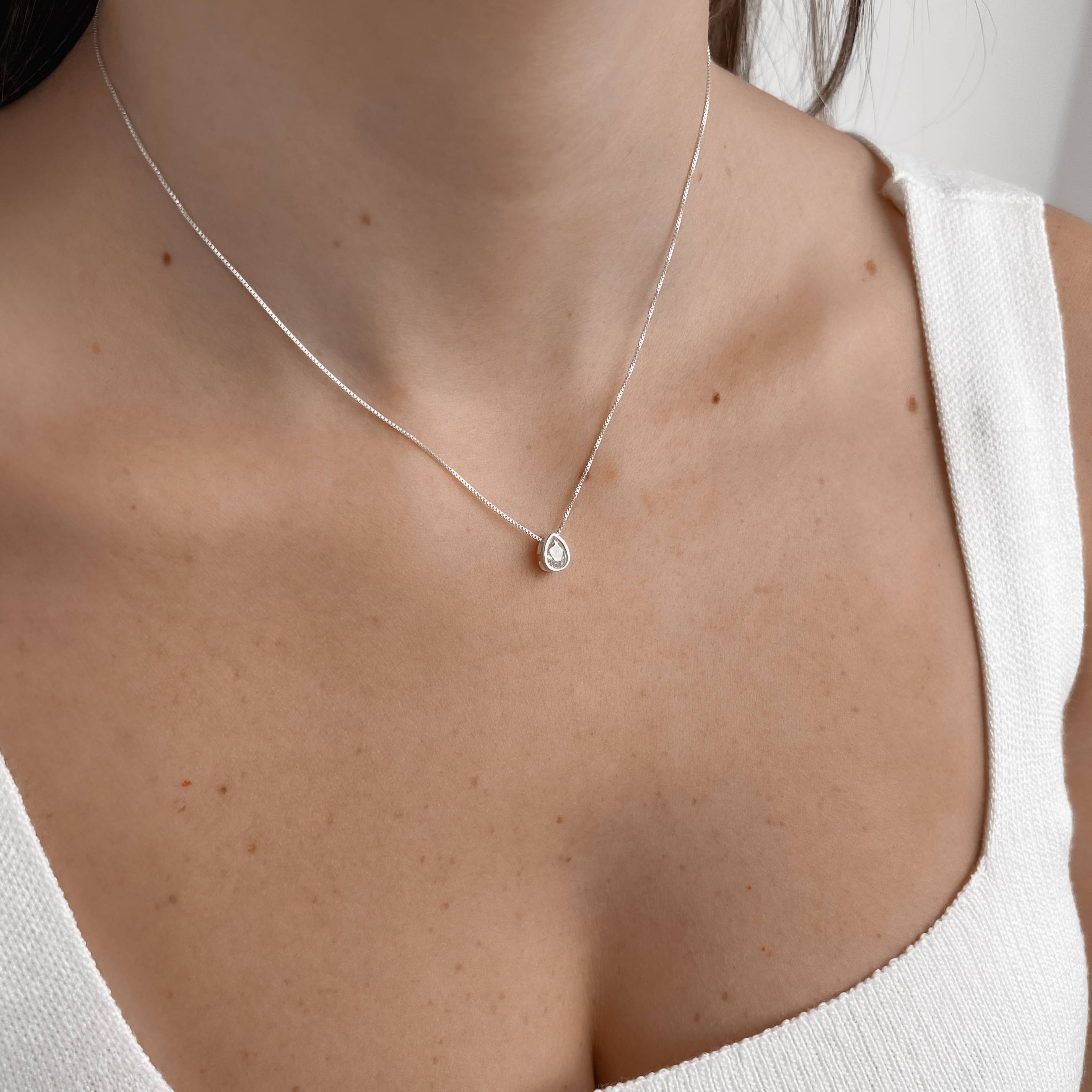 Colar Feminino Pingente Zircônia Gota Embutida 7mm 40cm em Prata 925 CO3388