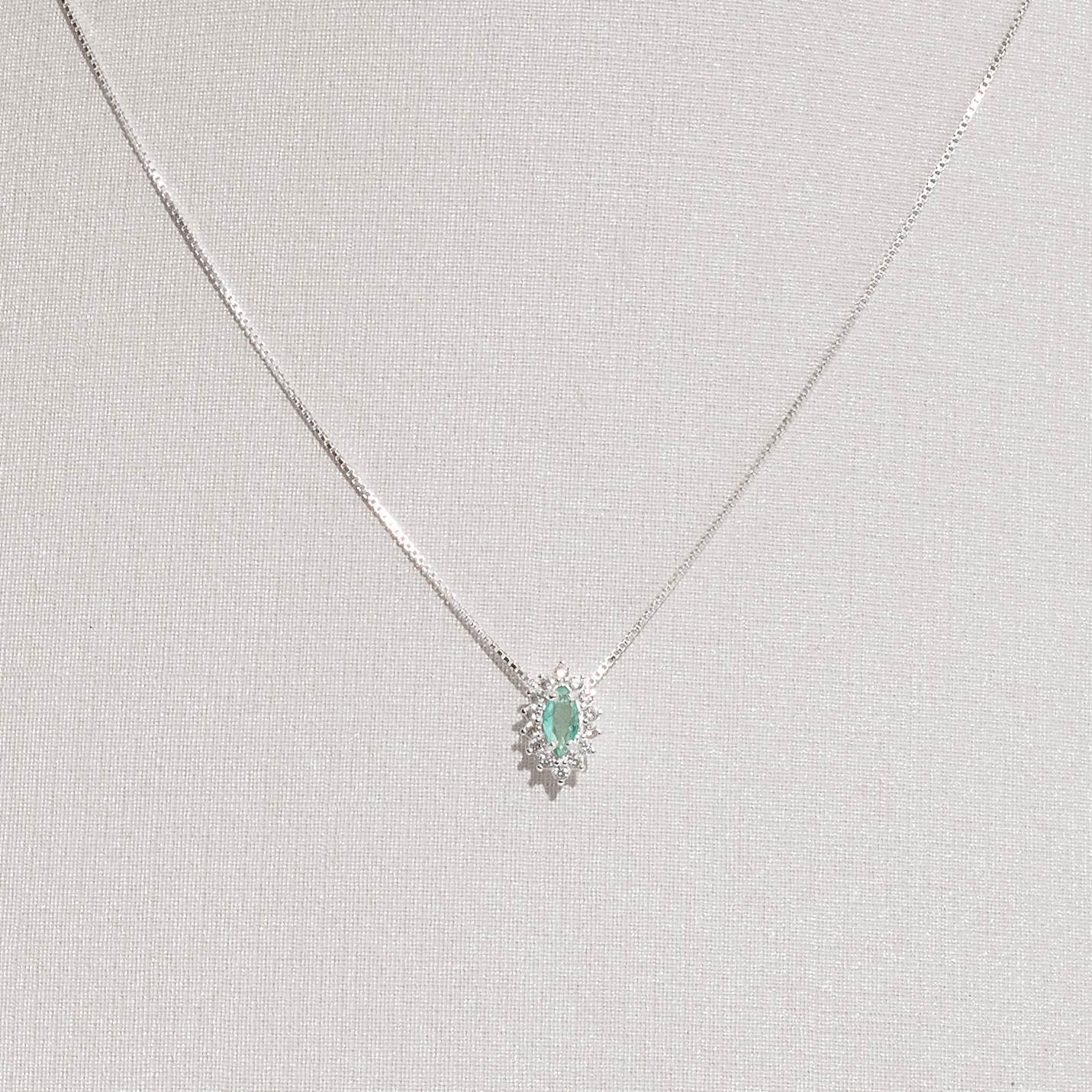 Colar Feminino Pingente Zircônia Navete Turmalina com Cravejado 10mm 45cm em Prata 925 CO3682