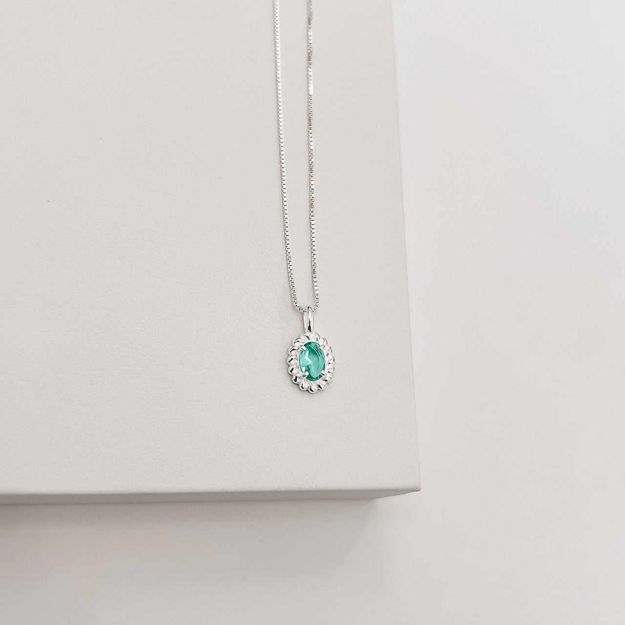 Colar Feminino Pingente Zircônia Oval Acqua Detalhe Torcido 10mm 45cm em Prata 925 CO3506