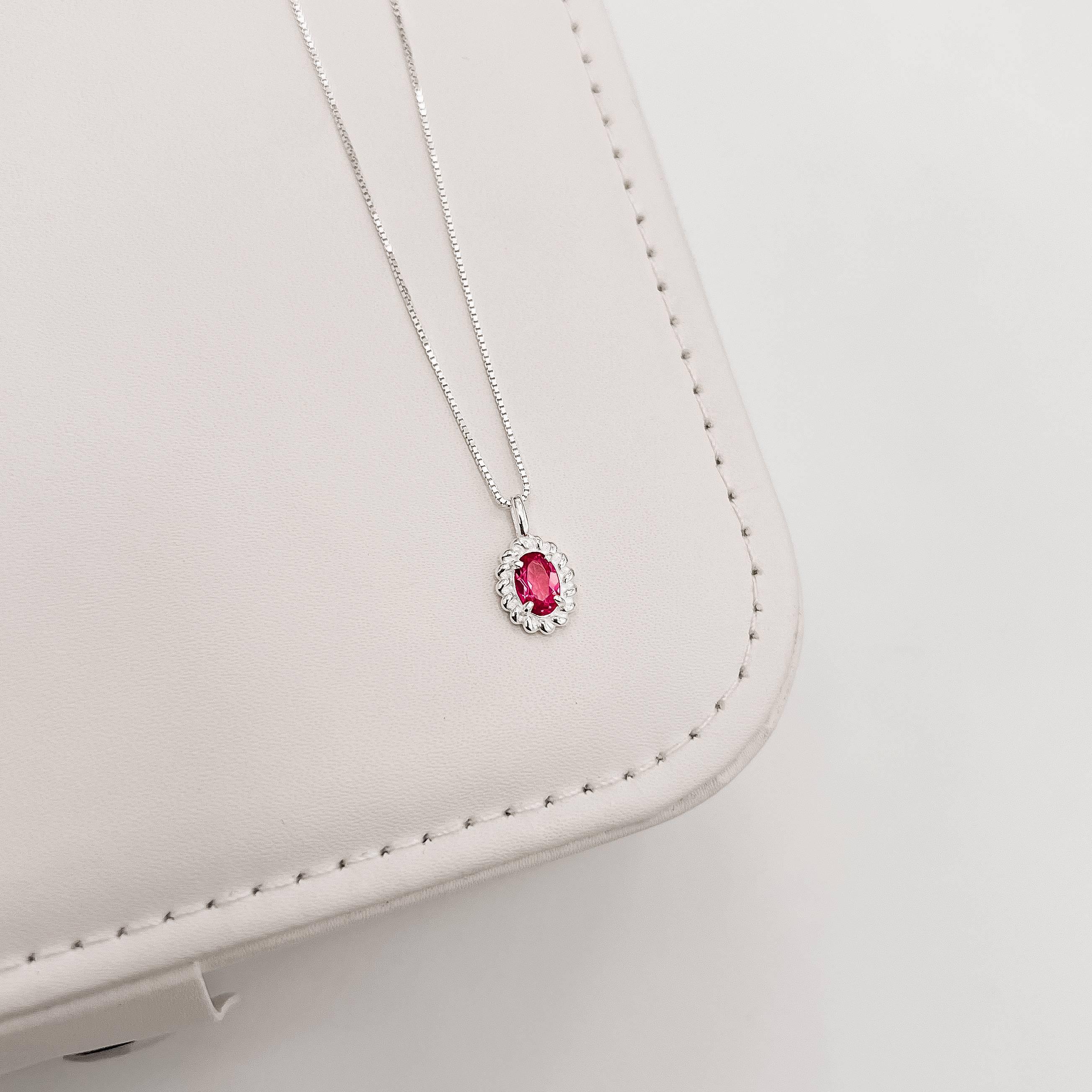 Colar Feminino Pingente Zircônia Oval Cereja Detalhe Torcido 10mm 45cm em Prata 925 CO3505