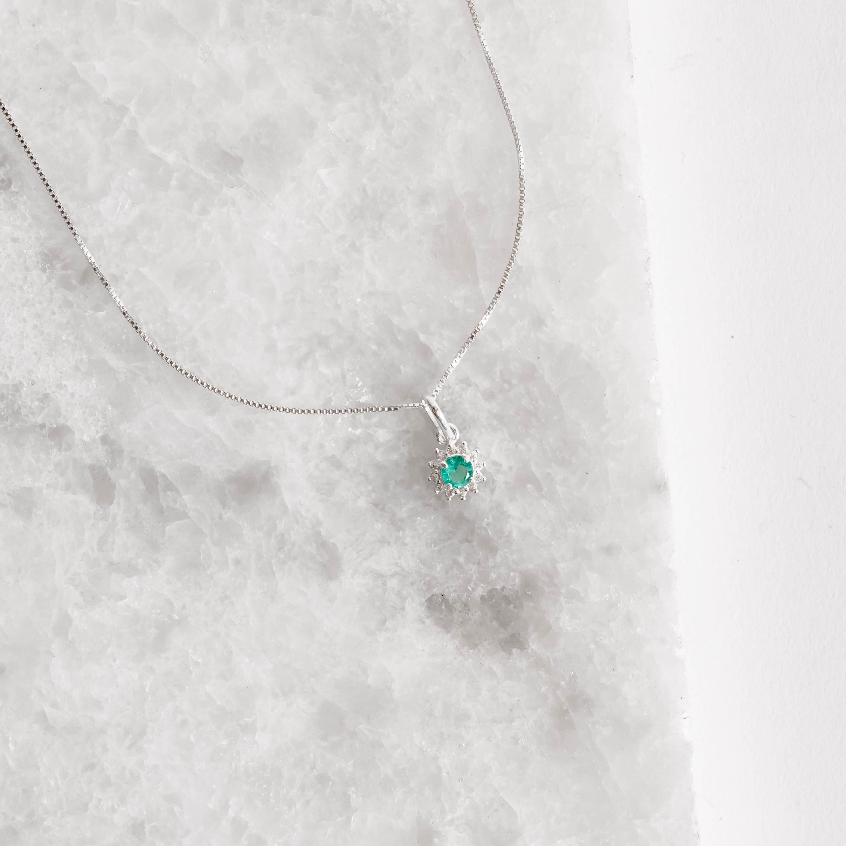 Colar Feminino Pingente Zircônia Redonda Acqua com Cravejado 7mm 45cm em Prata 925 CO2058