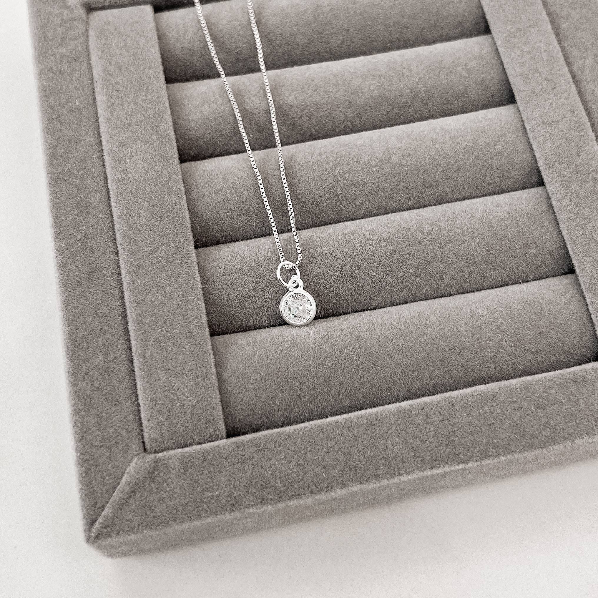 Colar Feminino Pingente Zircônia Redonda Embutida 6mm  40cm Prata 925 CO3313