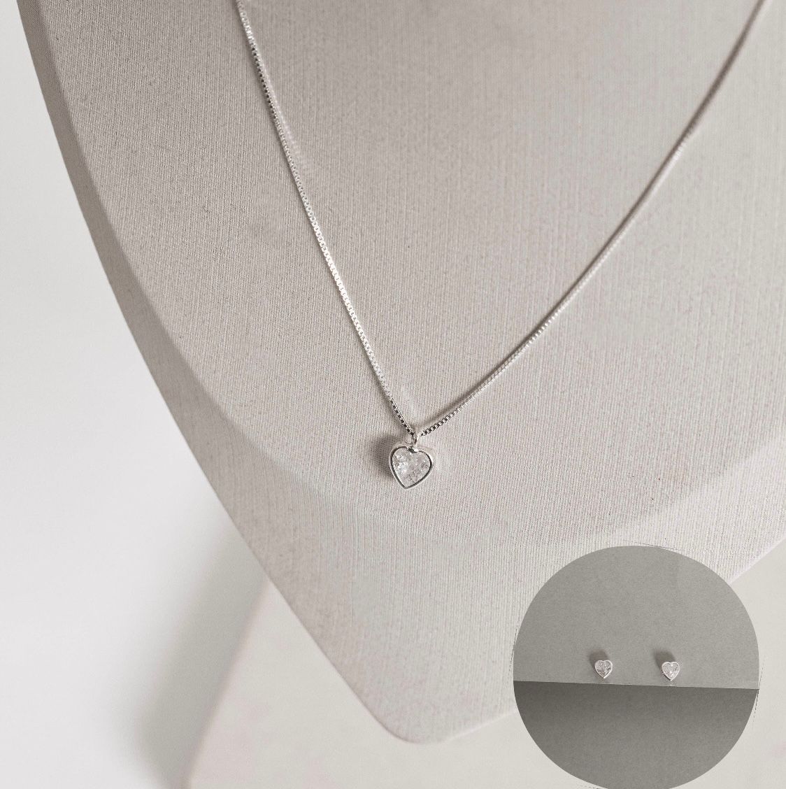 Conjunto Brinco e Colar Feminino Zircônia Coração Embutida 6mm 40cm CJ202