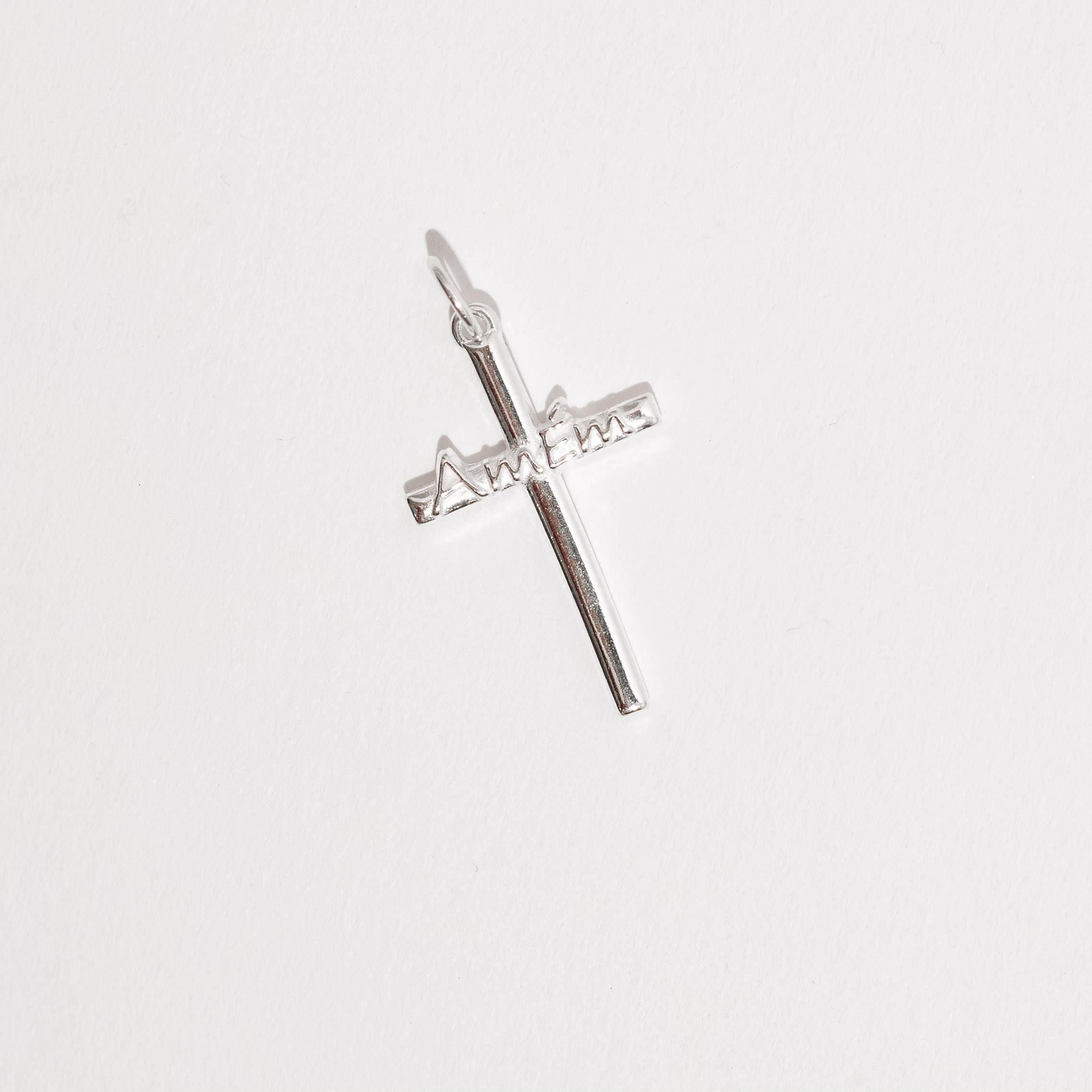 Pingente Prata 925 Cruz Escrito Amém 26mm PG3293