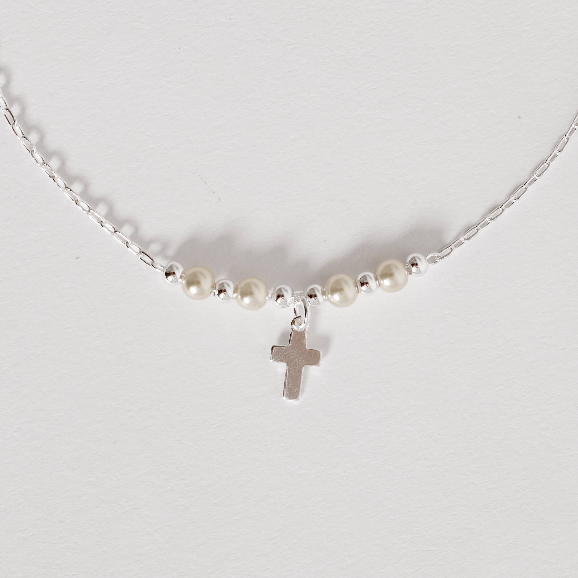 Pulseira em Prata 925 Feminina Entremeio Bola e Perolas com Pingente Cruz 8mm 19cm PU1548
