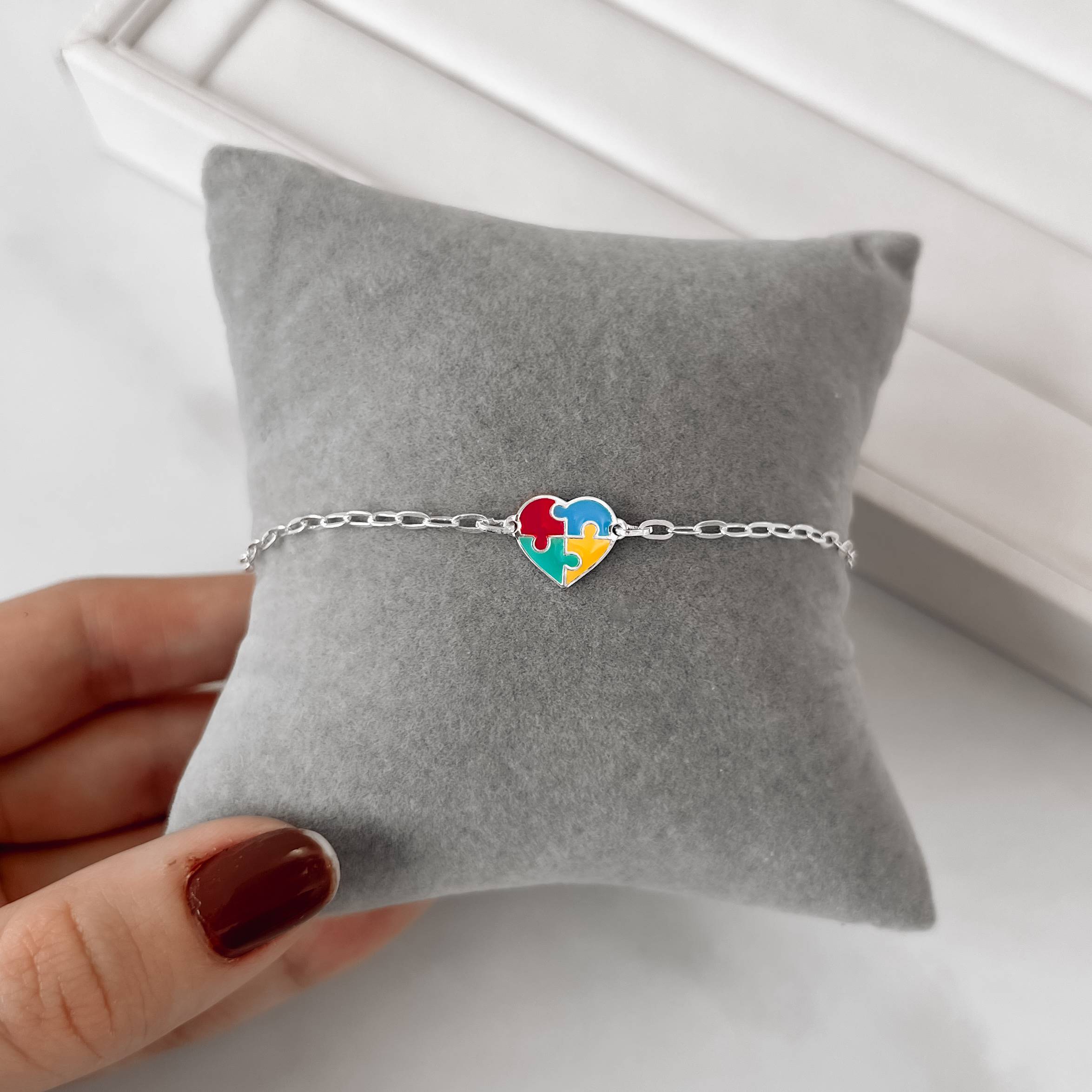 Pulseira Feminina Entremeio Coração Símbolo Autismo 11mm Resina Prata 925 PU1226