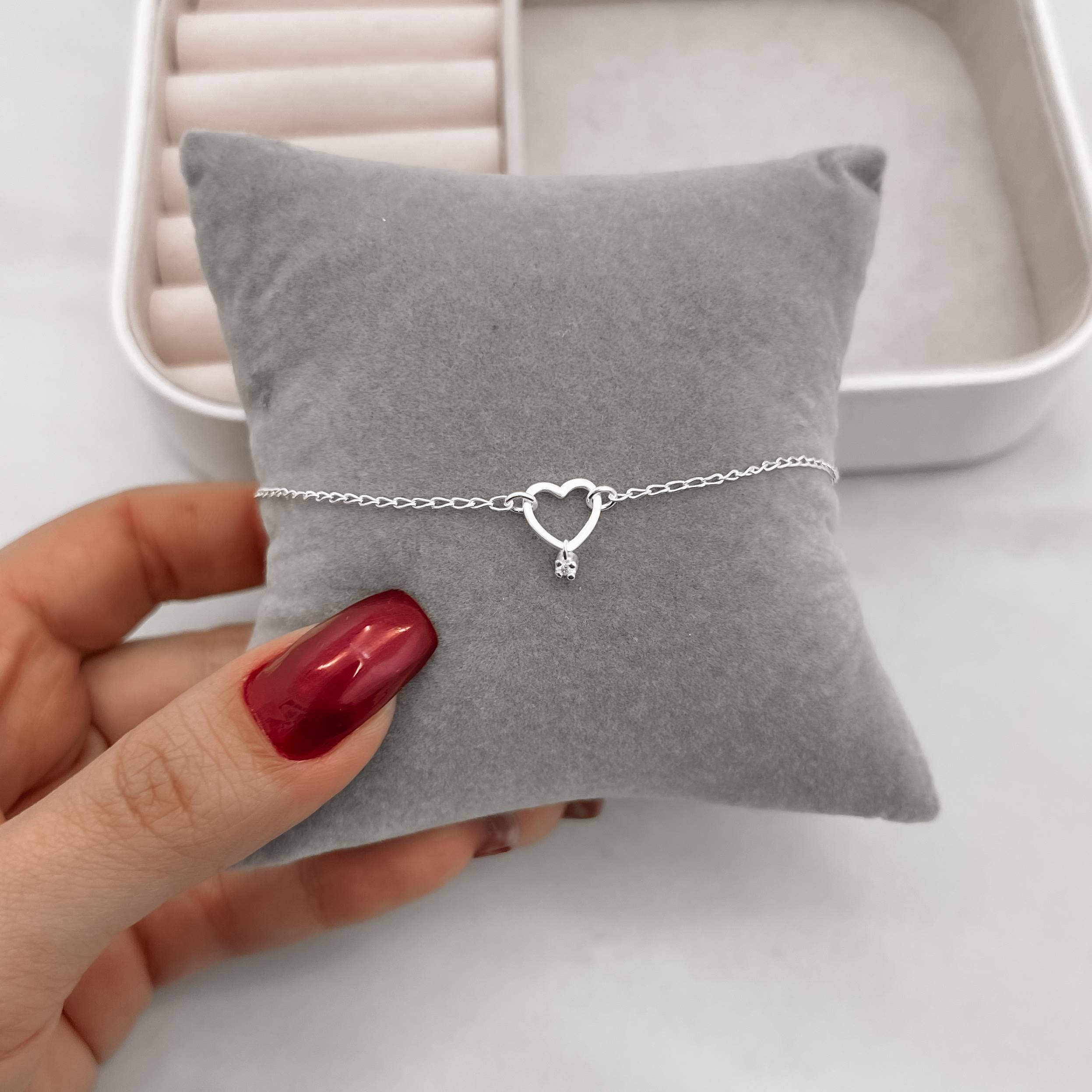 Pulseira Feminina Entremeios Coração Vazado Pingente Mini Zircônia com Extensor Prata 925 PU1121
