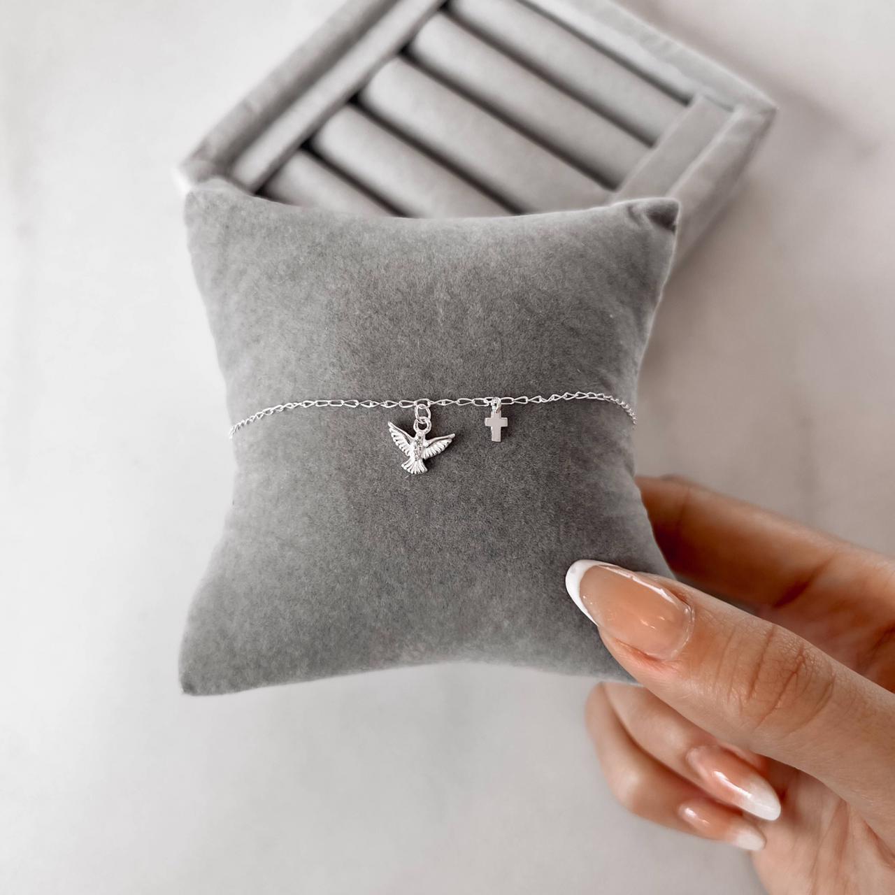 Pulseira Feminina Pingentes Espírito Santo com Zircônias e Cruz em Prata 925 PU1294