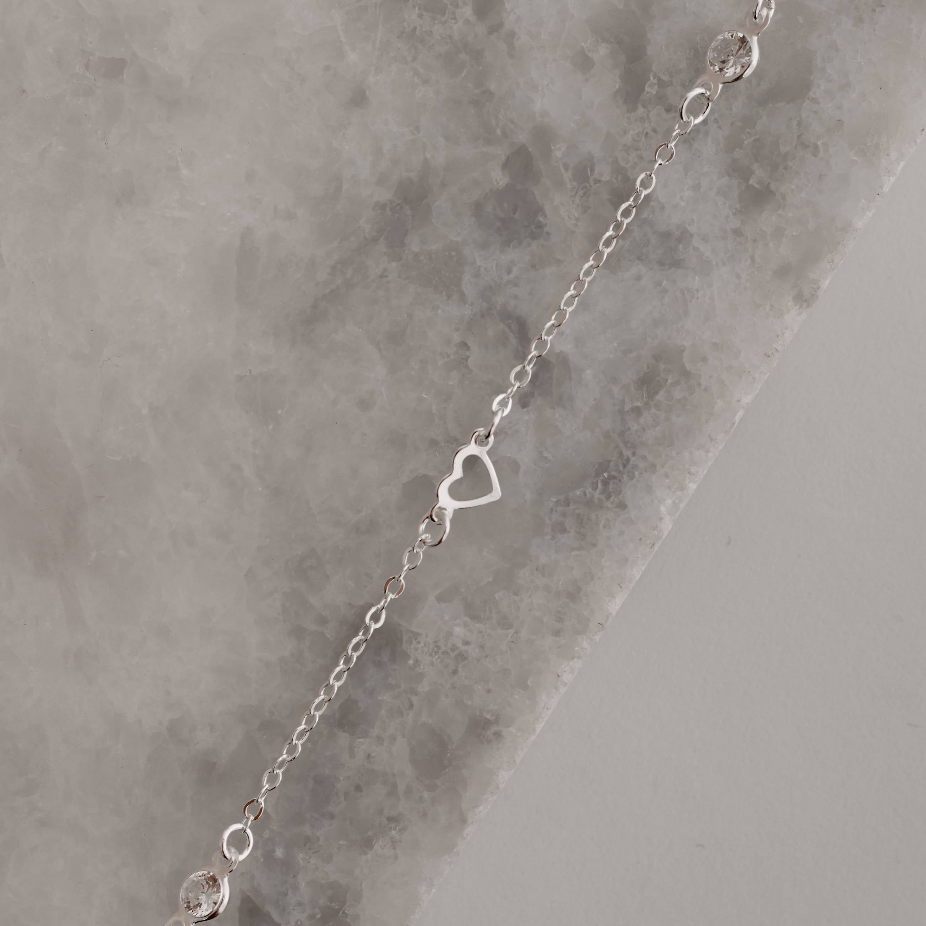 Pulseira Prata 925 Feminina Entremeios Zircônia e Coração Vazado 6mm 19cm PU1551