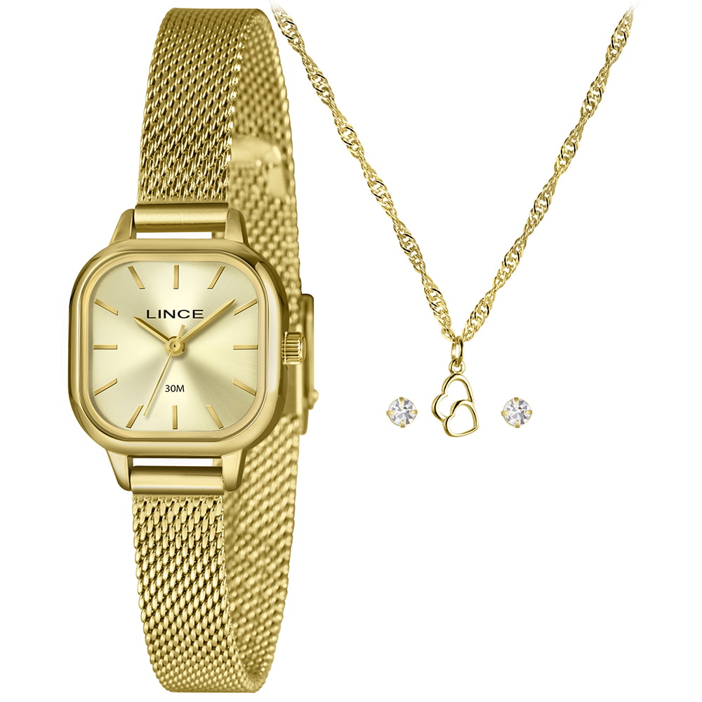 Kit Lince Feminino Dourado Quadrado Visor champanhe Minimalista com Pulseira Milanesa LQGM083L23