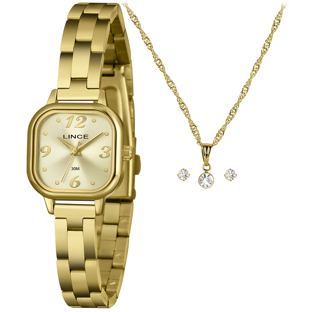 Kit Lince Feminino Dourado Quadrado Visor champanhe Minimalista LQGM084L23