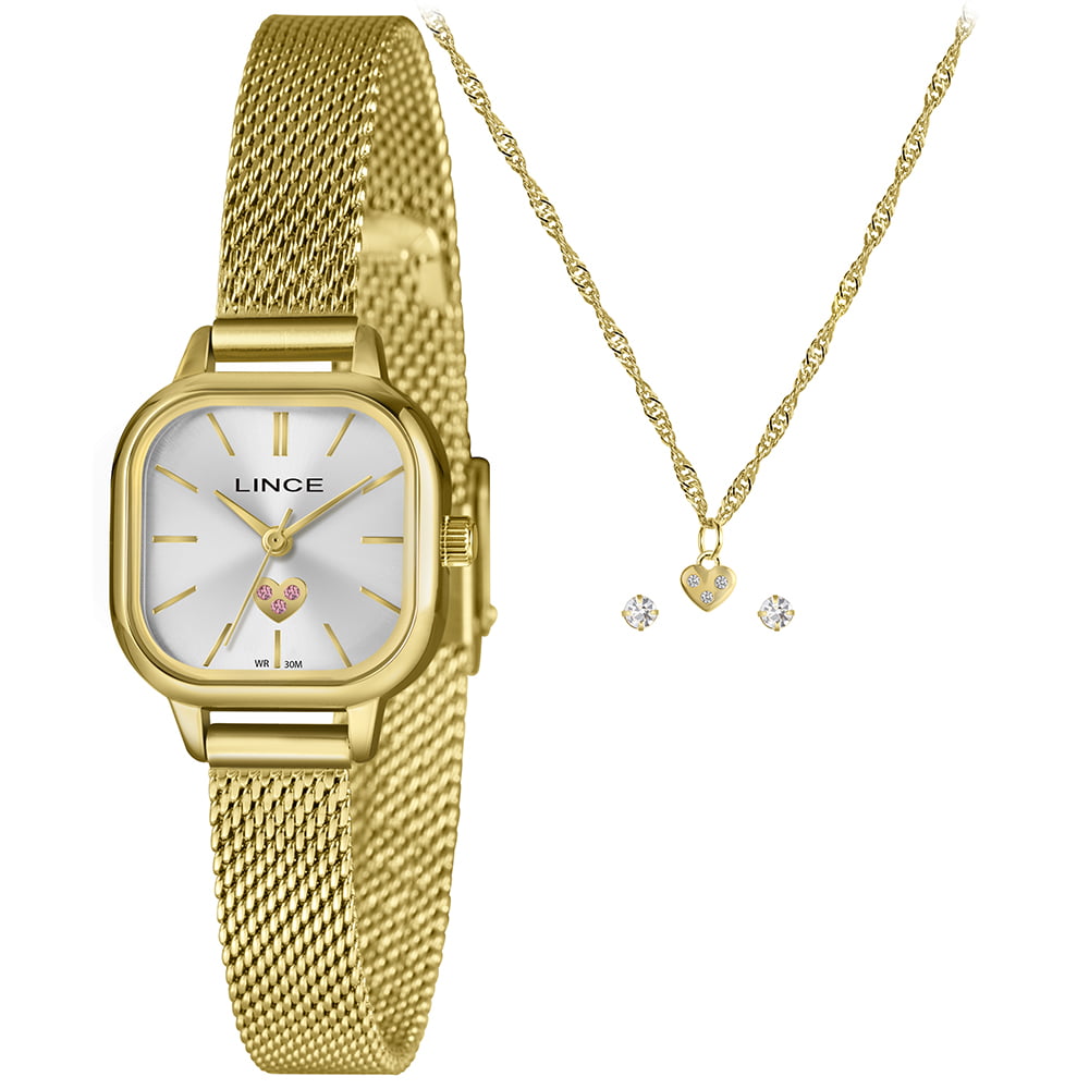 Kit Lince Feminino Dourado Quadrado Visor Prata Minimalista com Coração Pulseira Milanesa LQGM078L23