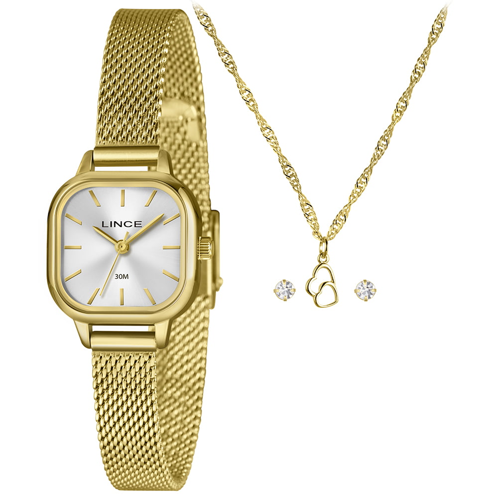 Kit Lince Feminino Dourado Quadrado Visor Prata Minimalista com Pulseira Milanesa LQGM083L23