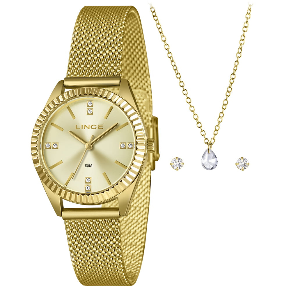 Kit Lince Feminino Dourado Visor Champanhe com Cristais Pulseira Milanesa á Prova d'água LRGM079L32