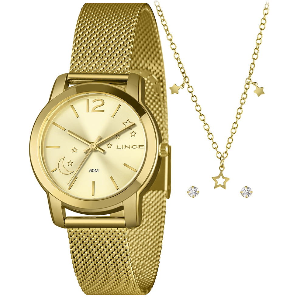 Kit Lince Feminino Dourado Visor Champanhe com Lua e Estrela Pulseira Milanesa á Prova d'água LRG4850L34