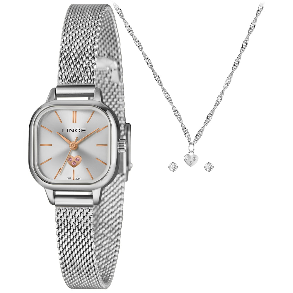Kit Lince Feminino Prateado Quadrado Visor Prata Minimalista com Coração Pulseira Milanesa LQMM078L23