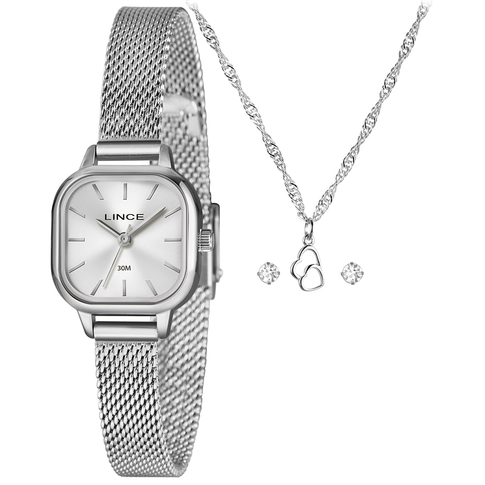 Kit Lince Feminino Prateado Quadrado Visor Prata Minimalista com Pulseira Milanesa LQMM083L23