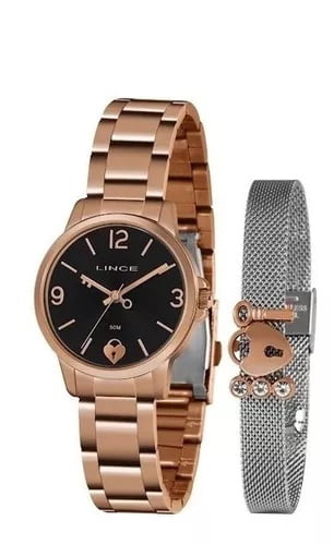 Kit Relógio Lince Feminino Rosé Com Visor Preto Presente LRR4682l