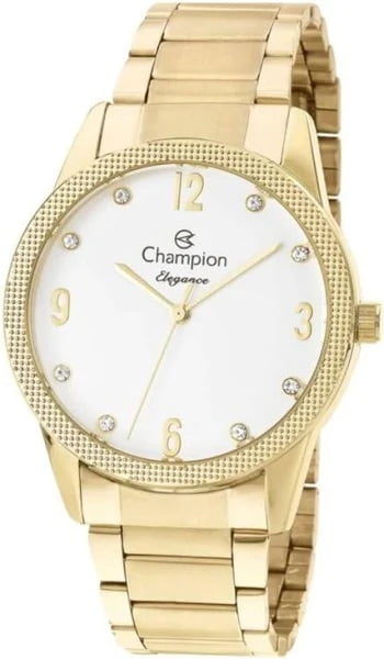 Kit Relógio Champion Elegance Feminino Dourado Visor Branco com Cristais Á Prova d'água CN26082X